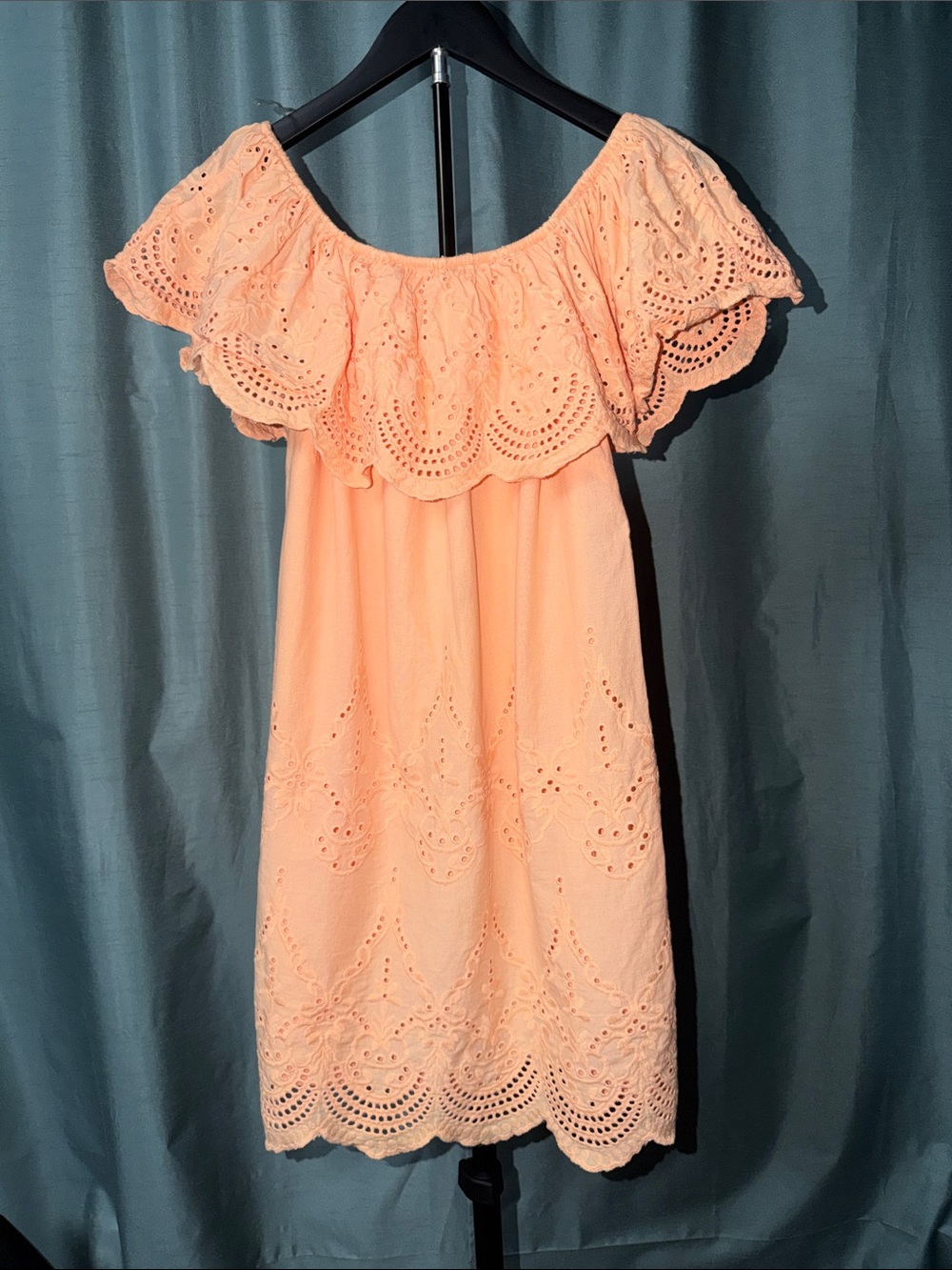 Off-Shoulder Eyelet Midi Dress in Peach